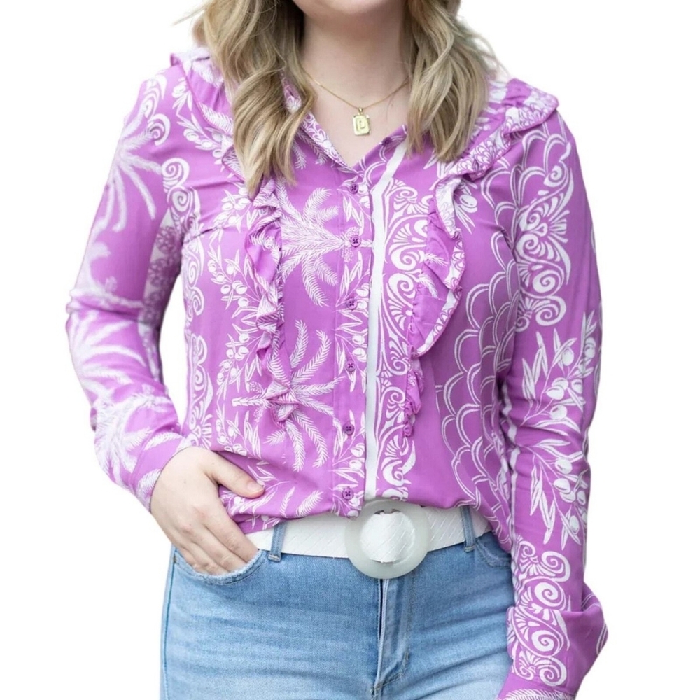 NWT The Shirt Rochelle Behrens The Kimberly Ruffle Button Down Blouse in Violet - Picture 1 of 13
